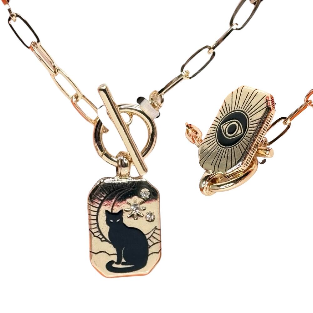 True to Form Halloween Necklace Black Cat Evil Eye Reversible Gold Paperclip 18"